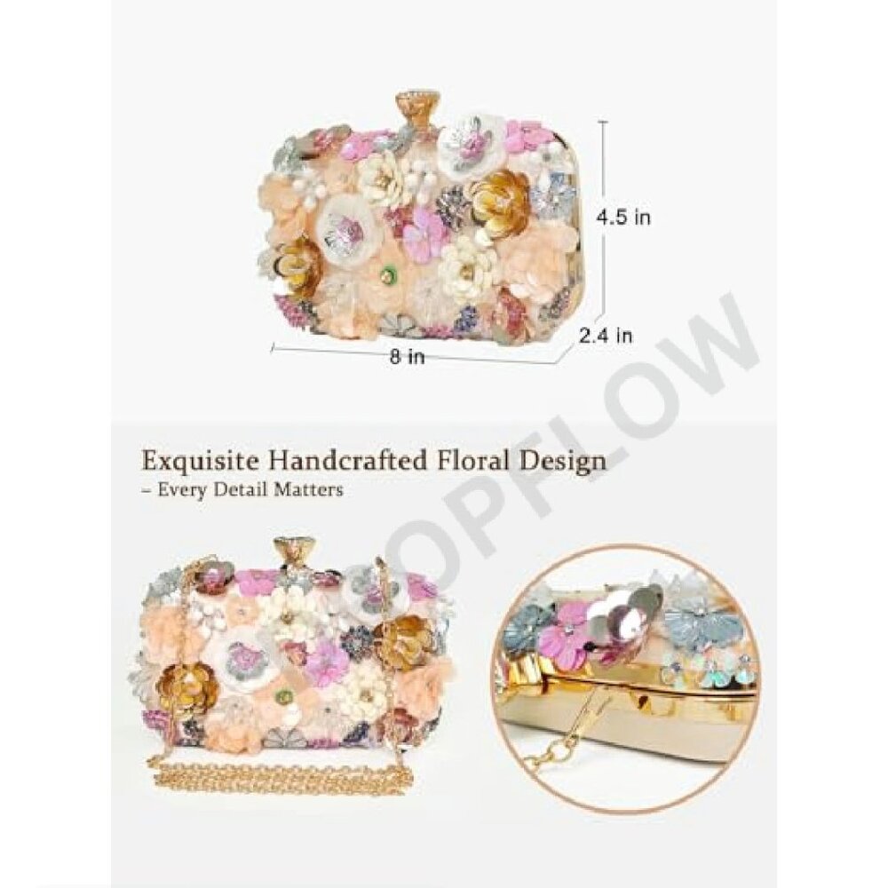 Elegant Floral Clutch Purse Convertible Chain Evening Bag Formal Event - Picture 7 of 8